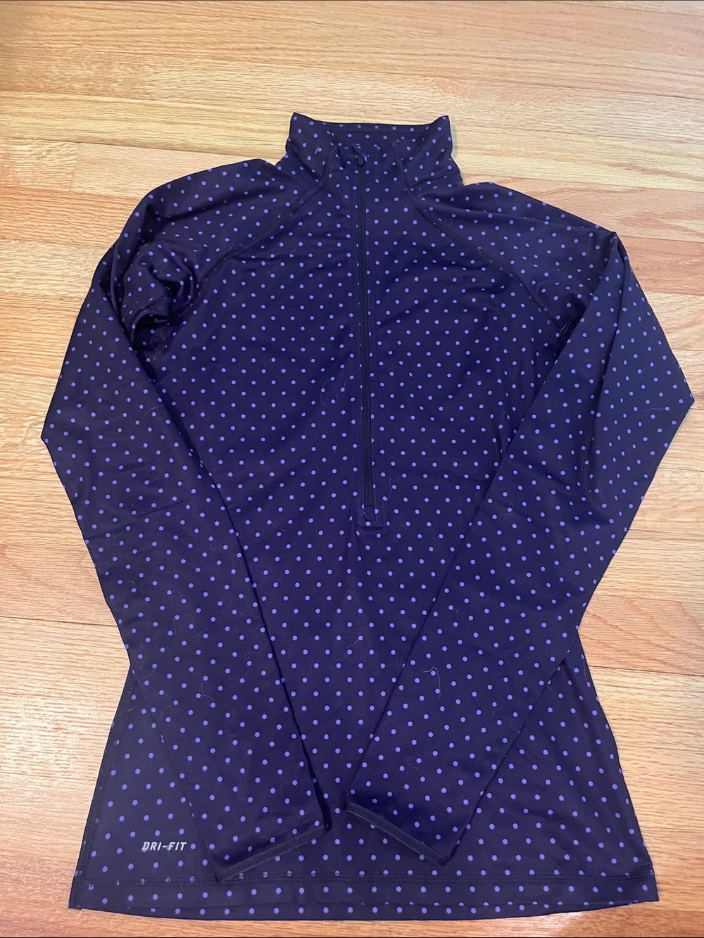 Nike Navy Long-Sleeve Half-Zip Top with Purple Dot Print, DRI-FIT, Small